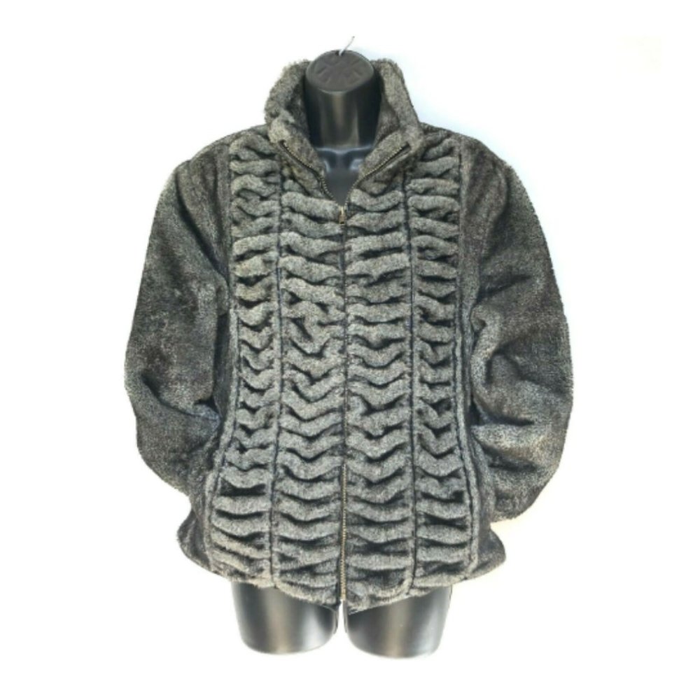 1 Madison Faux Fur Zip Jacket Womens‎ Medium Gray Black Textured Cozy